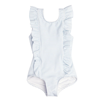 girls powder blue stripe ruffle one piece