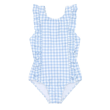 girls oasis blue gingham ruffle one piece