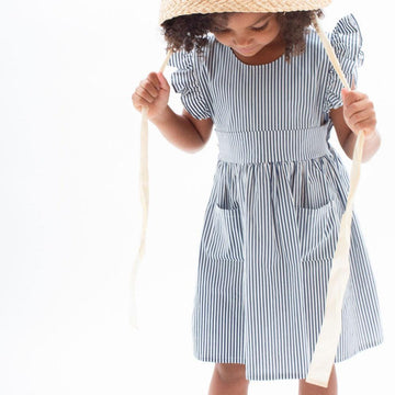 girls navy stripe ruffle sleeve dress