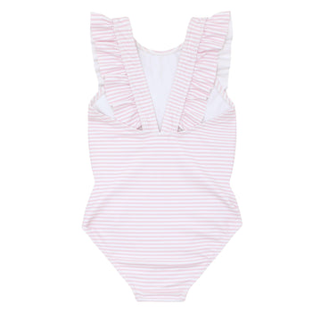 girls pink stripe ruffle one piece